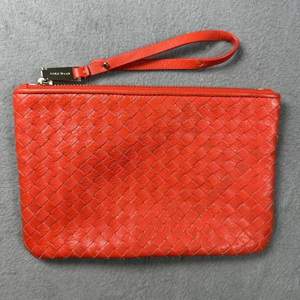 Cole Haan Red Woven Leather Wristlet Clutch Zip Pouch Handbag